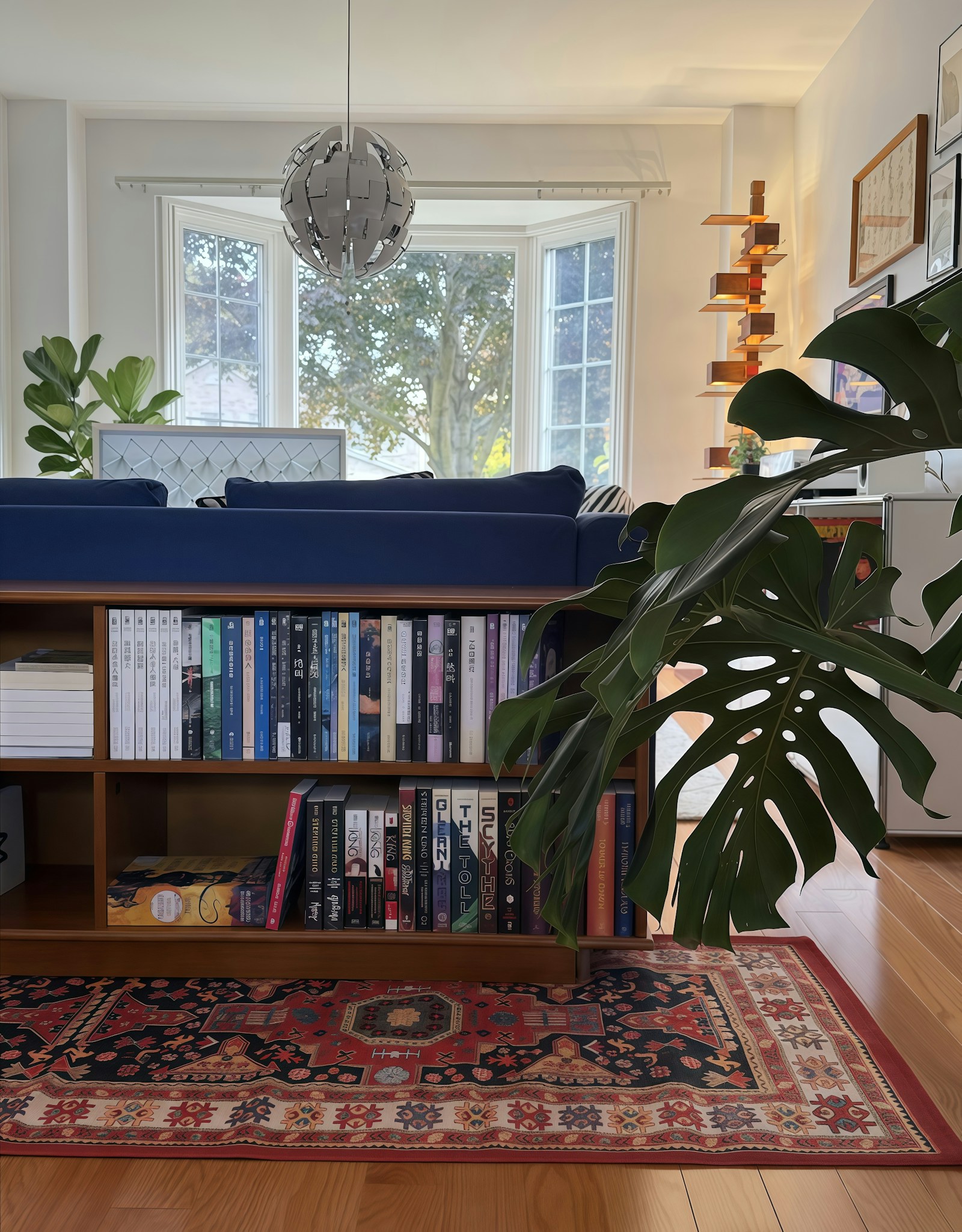 Open bookshelf in a living room with books and decor