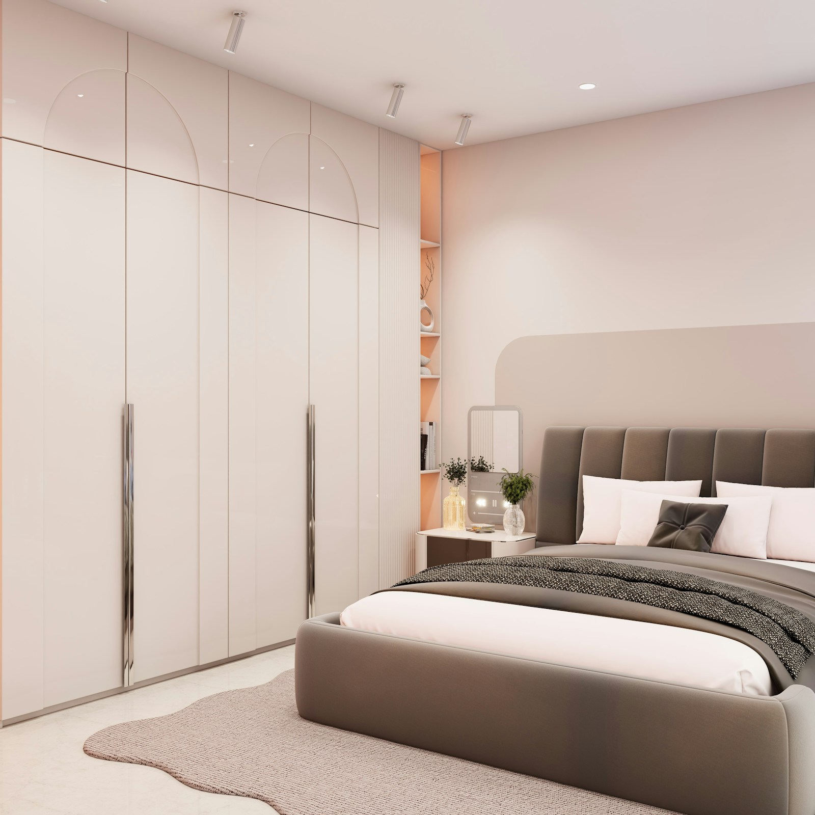 Modern bedroom wardrobe with clean-lined doors and warm wood finishes